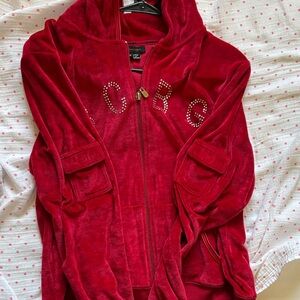 BCBGMaxAzria Red Velour Hoodie with Rhinestone Accents